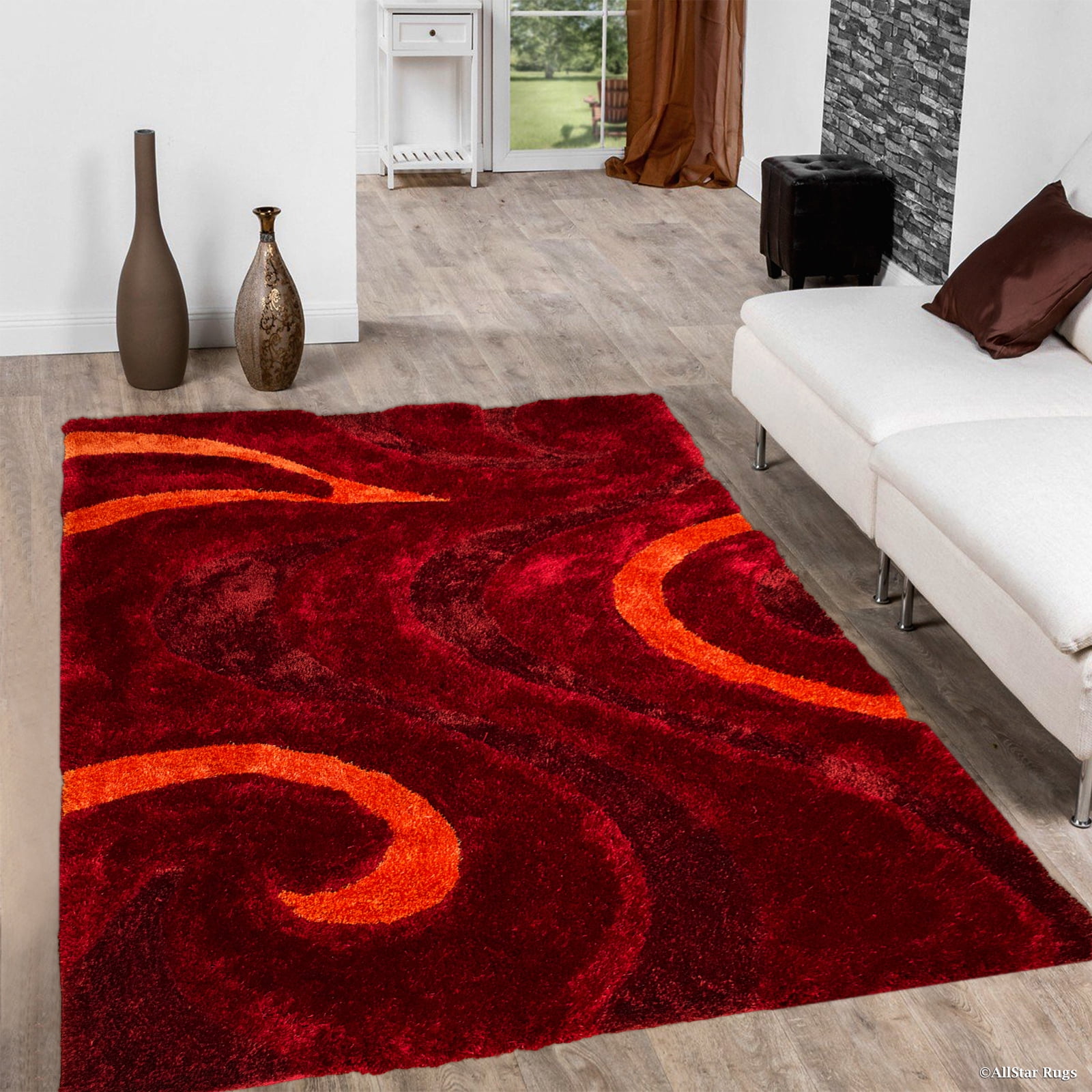 Allstar Burgundy Shaggy Area Rug with 3D Red Circle Design