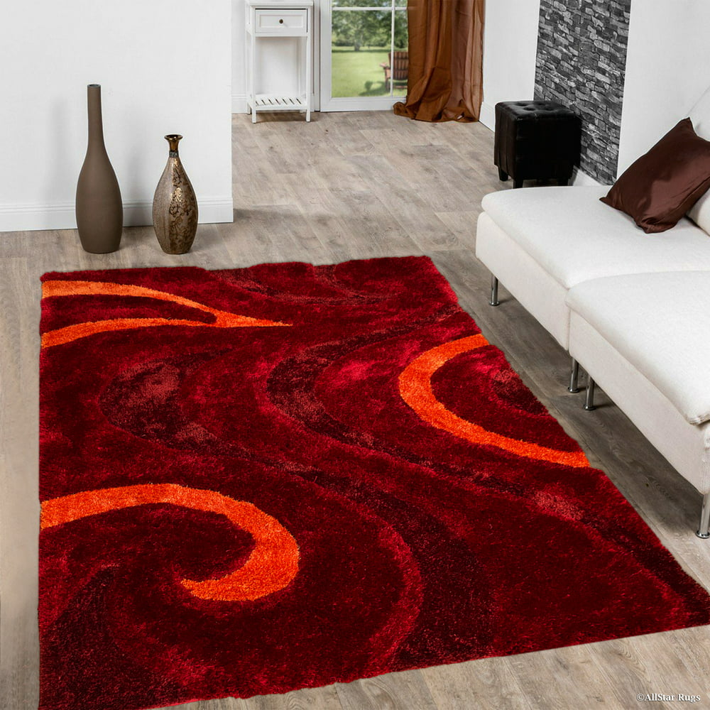 Allstar Burgundy Shaggy Area Rug with 3D Red Circle Design. Contemporary Formal Hand Tufted (7