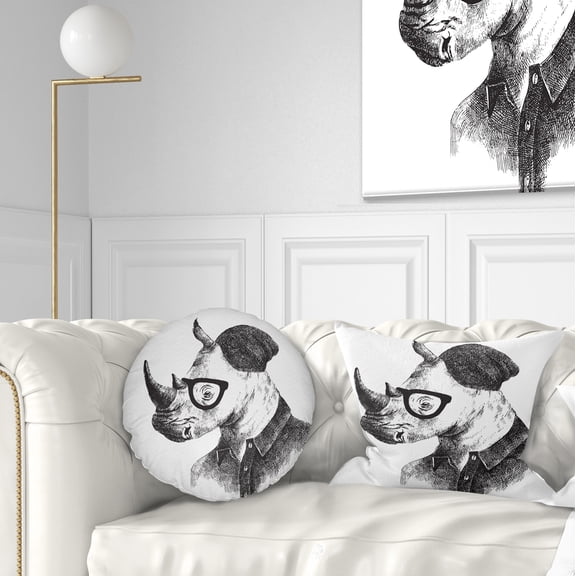 Designart Hipster Rhino in Black and White - Animal Throw Pillow - 12x20