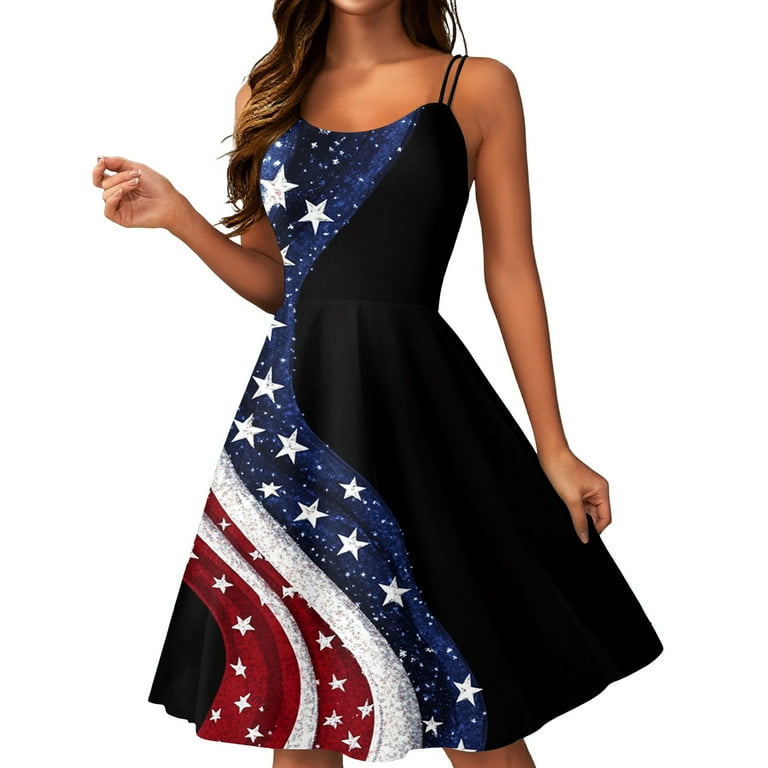 Saatleri July 4th Womens Dresses Patriotic Star Striped Dresses A Line Sleeveless USA Flag Beach Punk Evening Party Dress, Women's, Size: Large