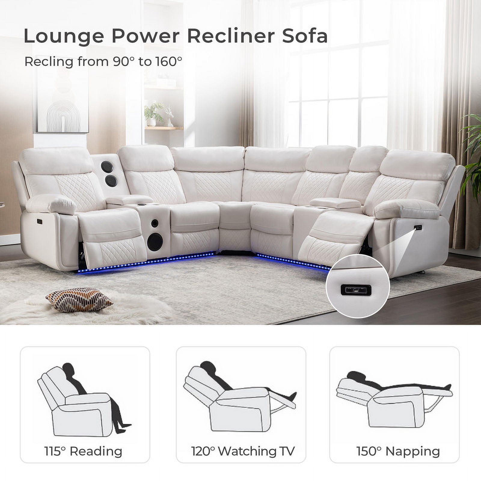 Comfort Stretch 5 Seats Power Recliner Sofa Sets with Speaker,White Faux Leather Reclining Sectional Couch for Living Room Furniture Sets with USB Port,Storage Console Cup Holders,LED Lights