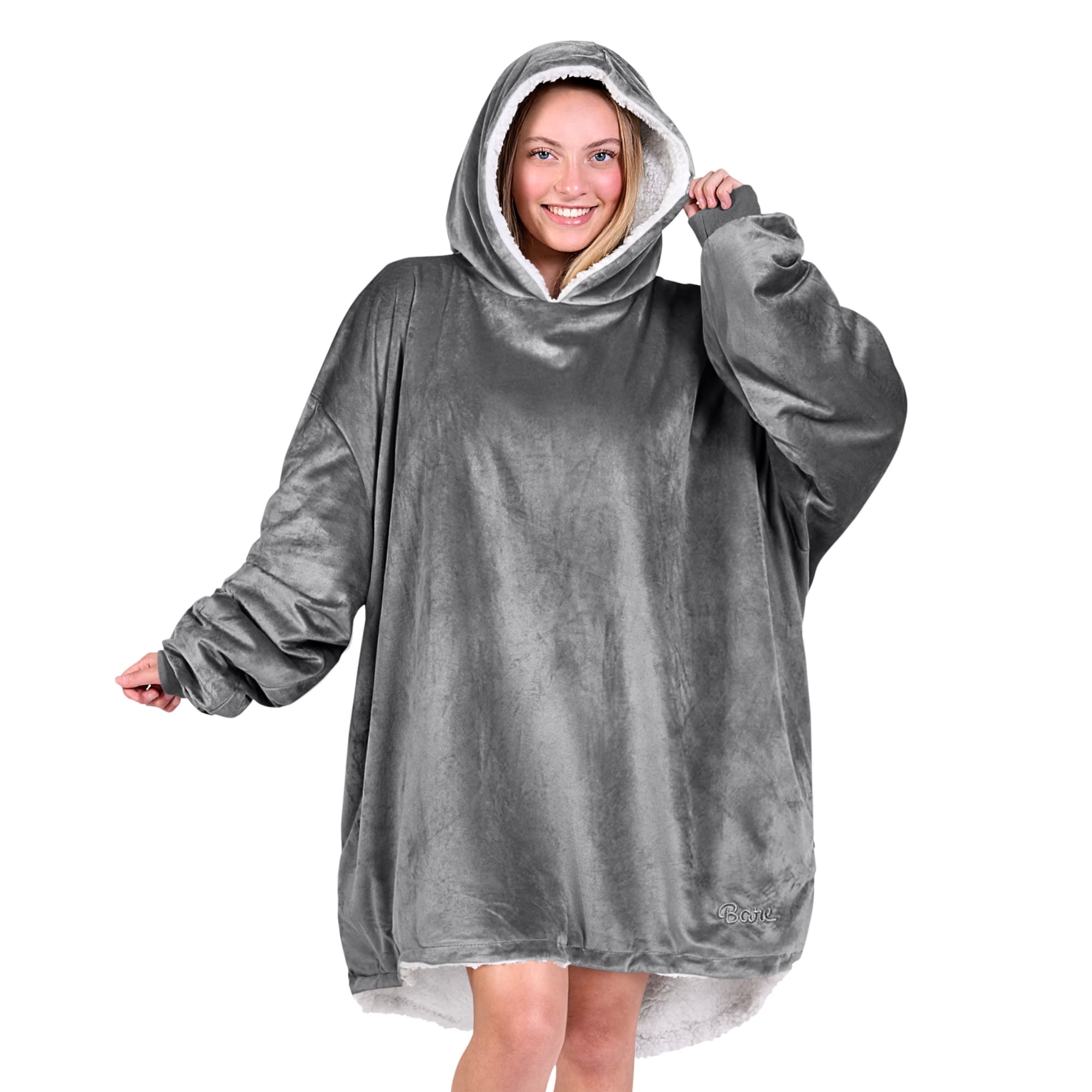 Bare Homey Plush Sherpa Wearable Blanket - Fluffy & Soft - Lightweight - Adult, Gray