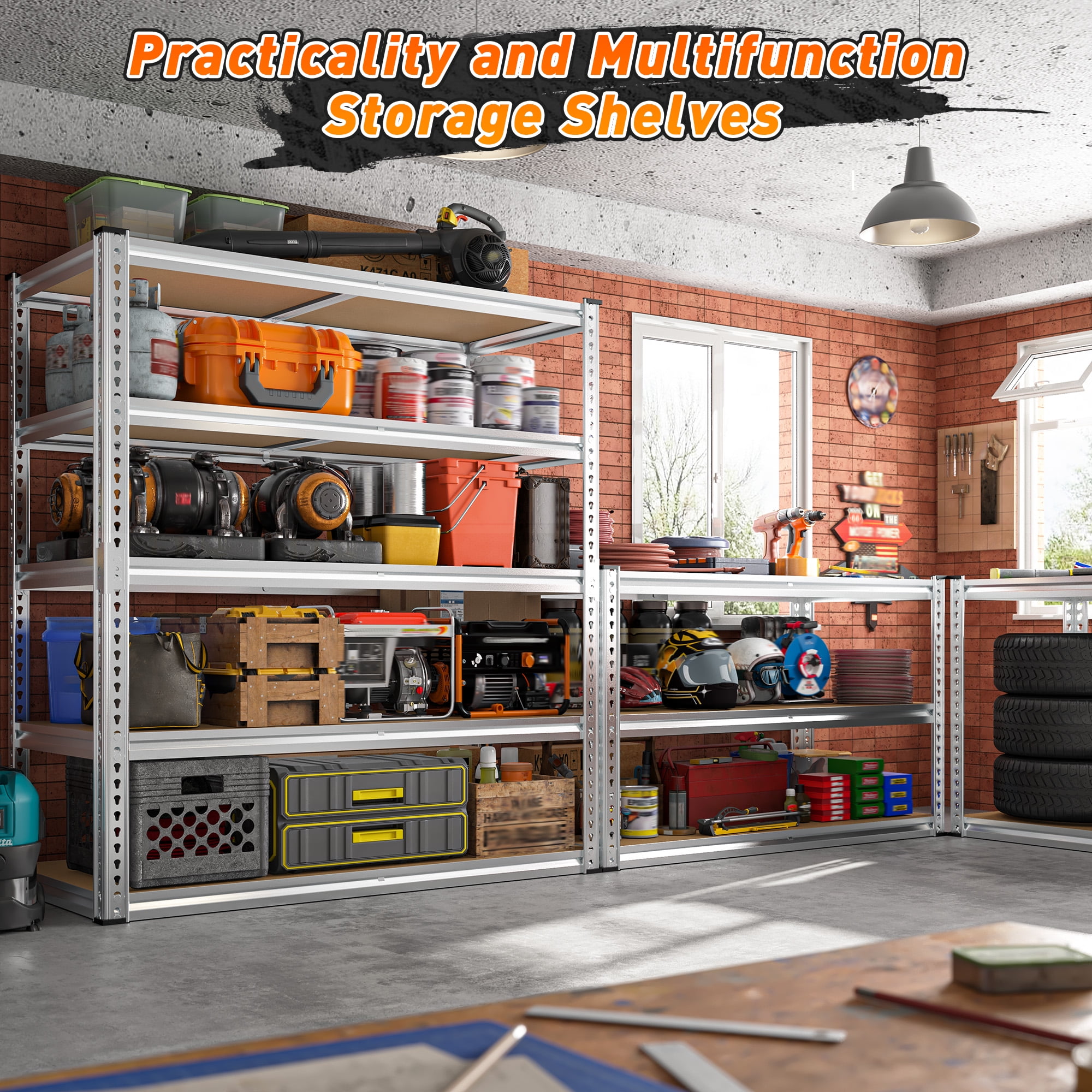 REIBII 3000LBS Garage Shelving Unit Heavy Duty Storage Shelves 5-Tier Metal Shelves，72"H x 40"W x 20"D，Galvanized