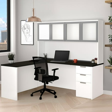 Premium Plus Hutch - Pro-Concept Plus L-Desk with Frosted Glass Door Hutch in White & Deep Grey