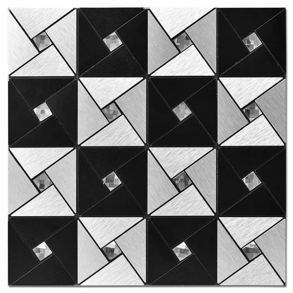 Art3d 10-Sheet Peel and Stick Backsplash Metal Mosaic Tiles for Kitchen Wall Decor, Stick on Aluminum Composite Tiles Stikers, Black&Silver Windmill Puzzle Glass Mixed