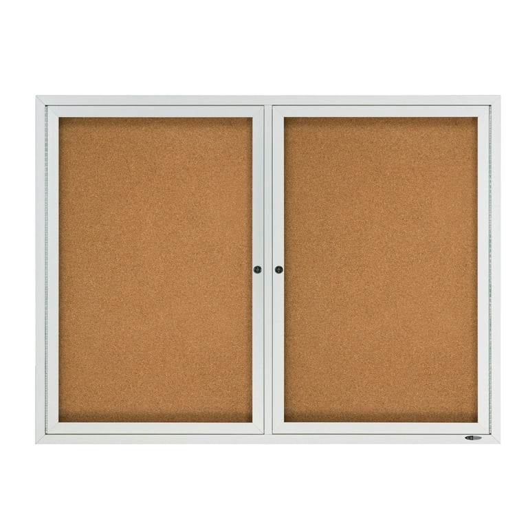 Enclosed Indoor Cork Bulletin Board with Two Hinged Doors, 48 x 36, Tan Surface, Silver Aluminum Frame Enclosed Indoor Cork Bulletin Board with Two Hinged Doors, 48 x 36, Tan Surface, Silver Aluminum Frame