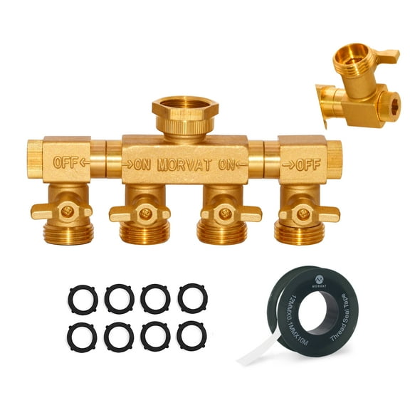 Morvat Brass 4-Way Twist Hose Splitter with Mount Kit, Tape & Rubber Washers