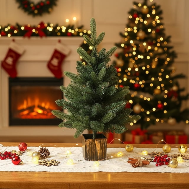 Árbol de Navidad de Escritorio | Mini Árbol Realista con Base de Cesta | Ideal para Escritorios, Entradas y Chimeneas | Decoración Navideña - 1 Árbol Ornamental
