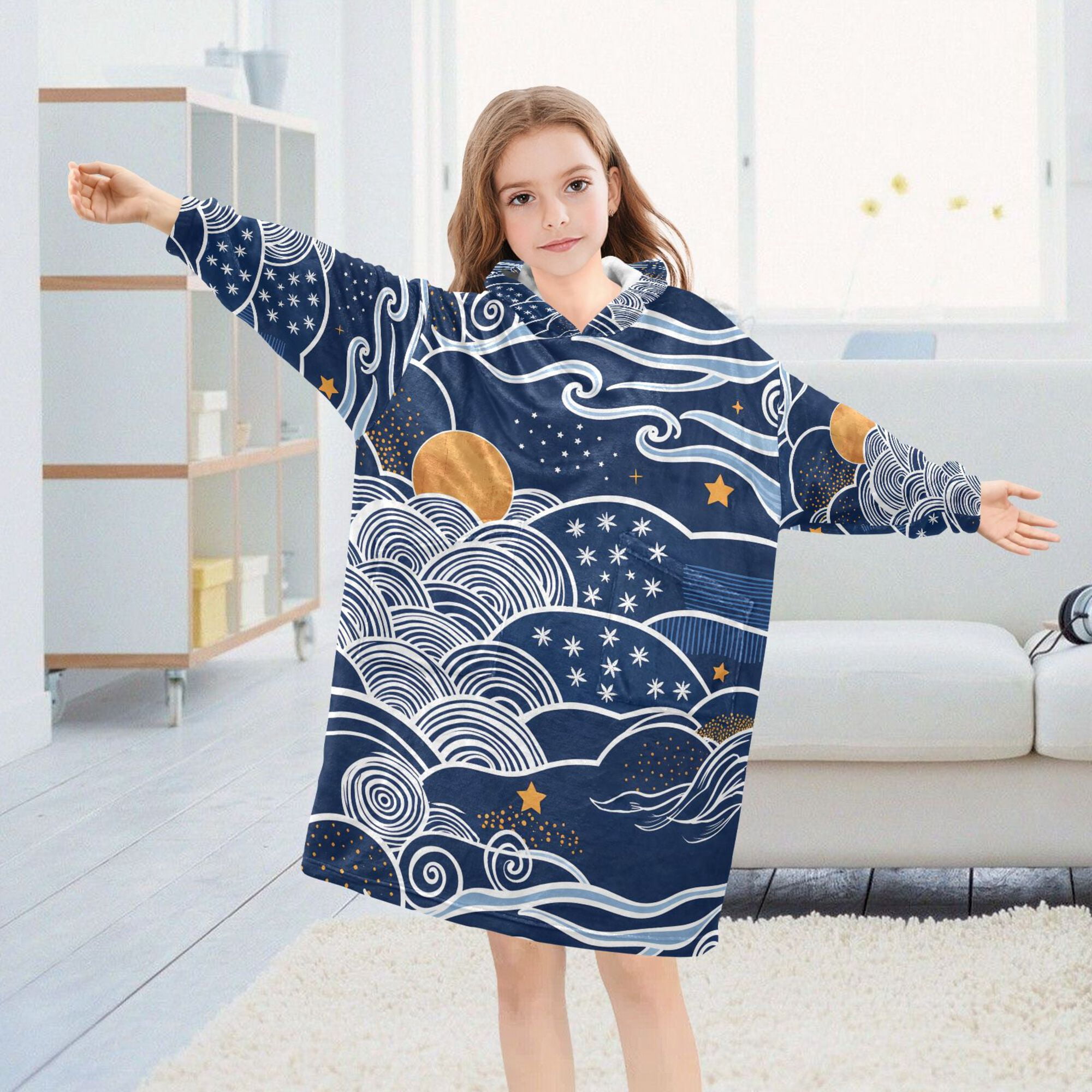 FORMRS Wearable Blanket Hoodie with Sleeves for Kids Cozy Flannel Sweatshirt, Blue Night Sky