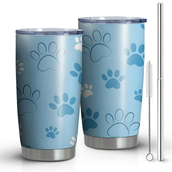 20 Oz Blue Dog Paw Footprint Coffee Tumbler Double Wall Insulated Stainless Steel Water Bottle | Metal Reusable Thermoses Flask with Cup Cap | Leak & Sweat Proof with Anti-Dust Lid