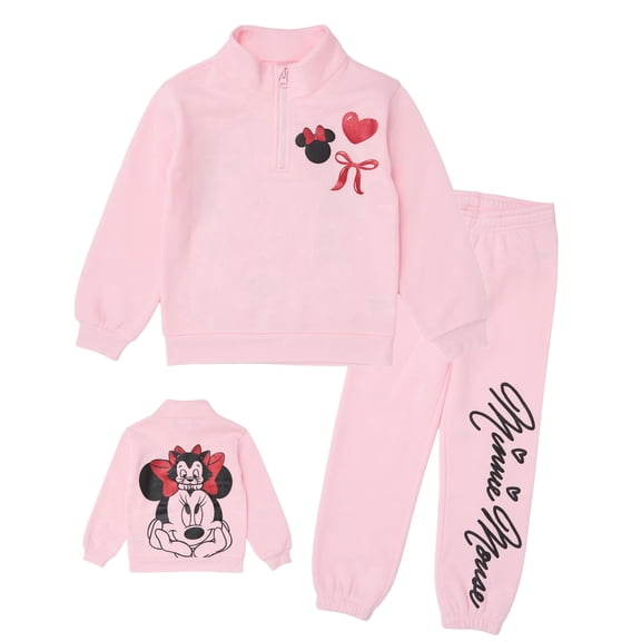 Disney Minnie Mouse Toddler Girls’ Outfit Set - Two Piece Quarter-Zip Sweatshirt with Glitter Puff Ink & Jogger Pants (Light Pink, 4T)