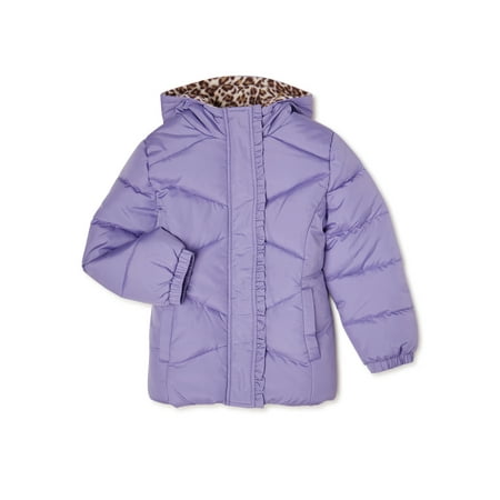 Pink Platinum Girls Solid Hooded Winter Puffer Coat with Leopard Print, Sizes 4-16