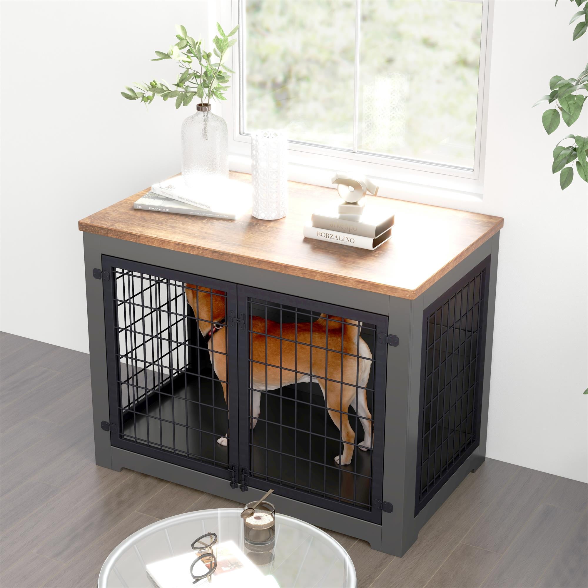 Pefilos 40" Wood Dog Crate Furniture with Door Lock and Double Doors, Indoor Decorative Iron Fence Dog Cage for Small Dogs, Black Pefilos 40" Wood Dog Crate Furniture with Door Lock and Double Doors, Indoor Decorative Iron Fence Dog Cage for Small Dogs, Black