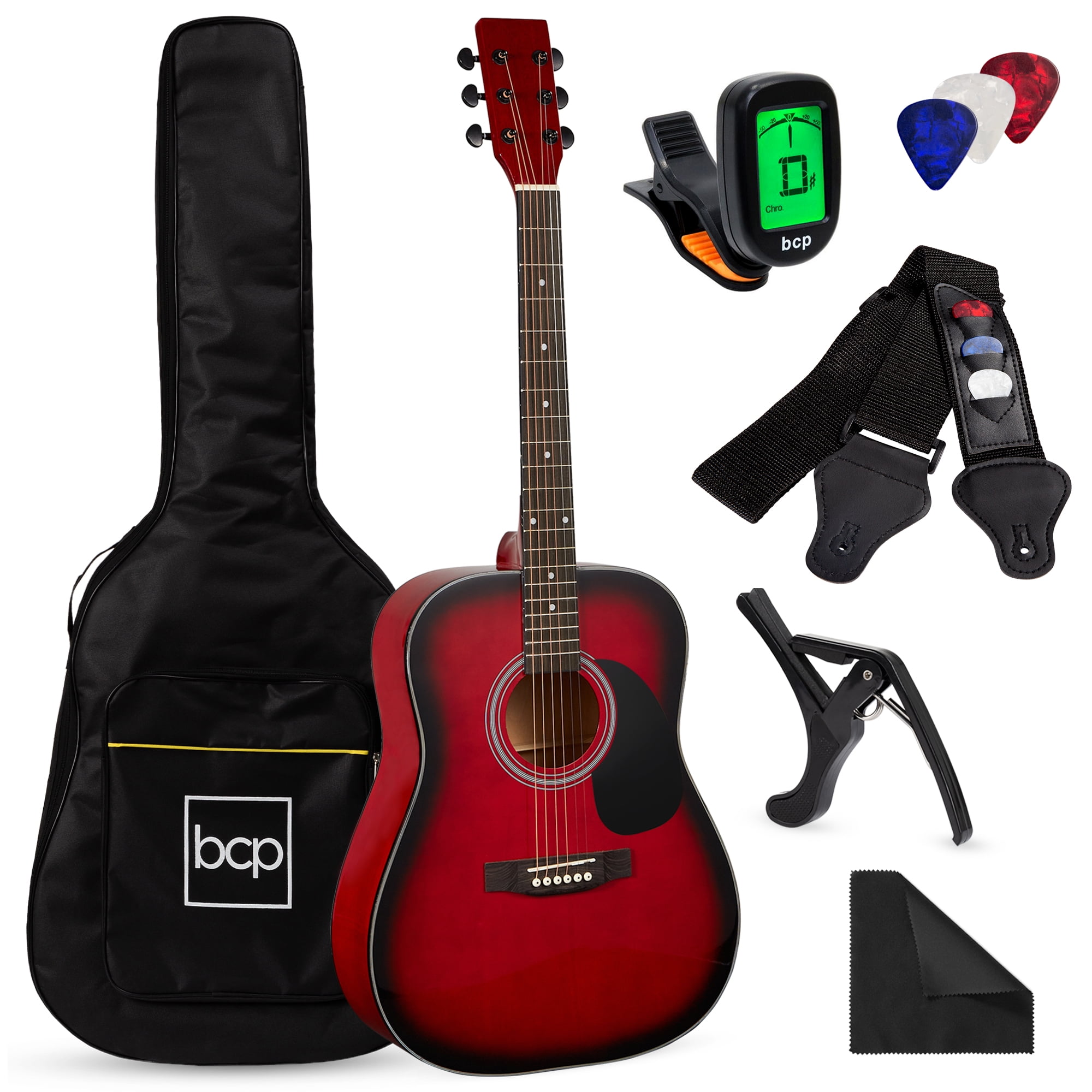 Best Choice Products 41" Full Size All-Wood Acoustic Guitar Starter Kit with Gig Bag, E-Tuner, Pick and Strap, Red Burst