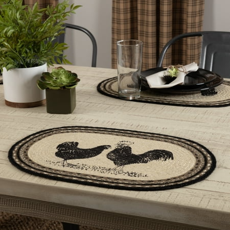Bleached Jute - Ashton & Willow Bleached White Farmhouse Tabletop Kitchen Miller Farm Charcoal Poultry Jute Stenciled Nature Print Oval Placemat Set of 6