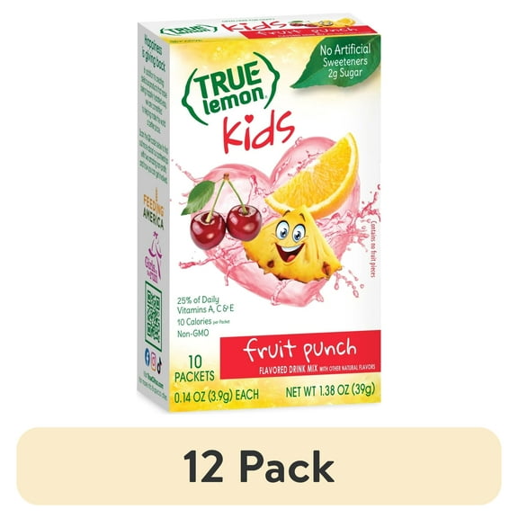 (12 pack) True Lemon Kids Fruit Punch Powdered Drink Mix, Low Sugar, No Artificial Sweeteners, 10 Count Box