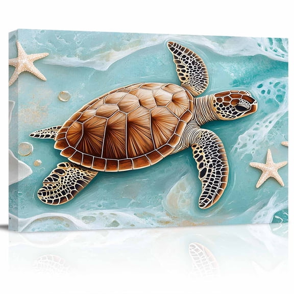 Coastal Sea Turtle Canvas Print Wall Art Beach Ocean White Floral Starfish Pictures Painting Morden Artwork for Living Room Bedroom, Ready to Hang - 12"x16"