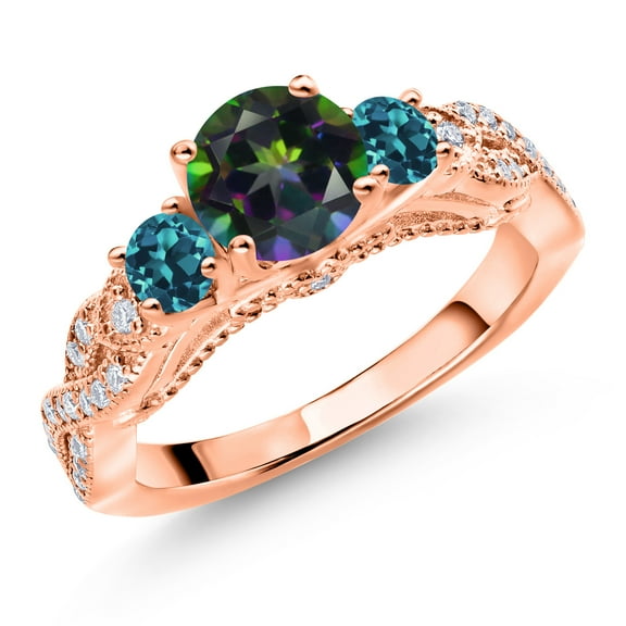 Gem Stone King 18K Rose Gold Plated Silver Green Mystic Topaz London Blue Topaz and White Moissanite Engagement Ring for Women (1.53 Cttw, Gemstone, Round 6MM and 3MM, Size 6)