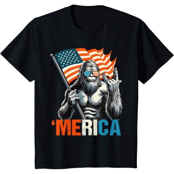 Bigfoot Merica Rock American Flag Patriotic 4th Of July T-Shirt