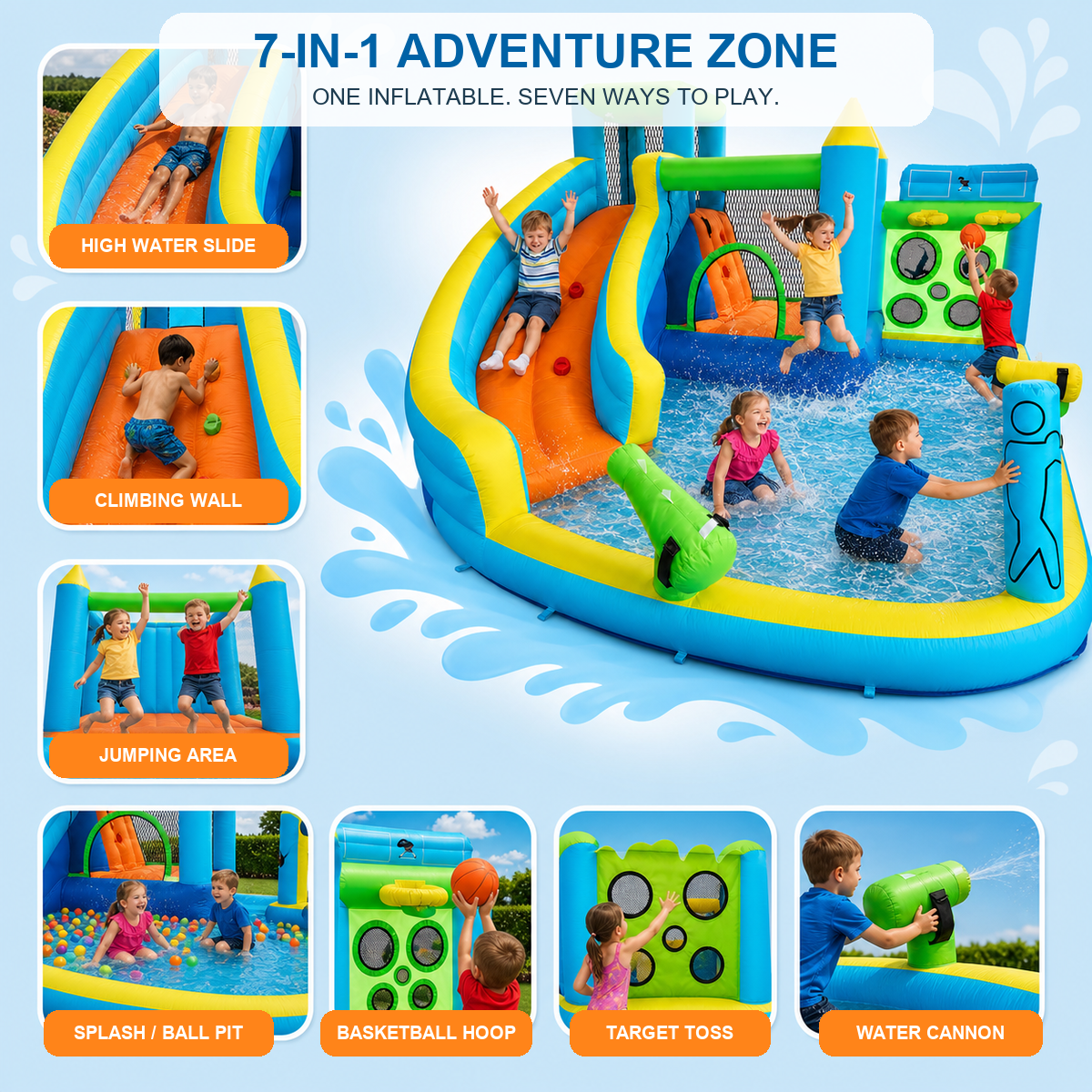 7-in-1 Inflatable Bounce House with Water Slide & 480W Blower, Kids Bouncy Castle with Climbing Wall, Water Gun, Splash Pool, Jumping Area & Basketball Hoop for Indoor and Outdoor Backyard Use