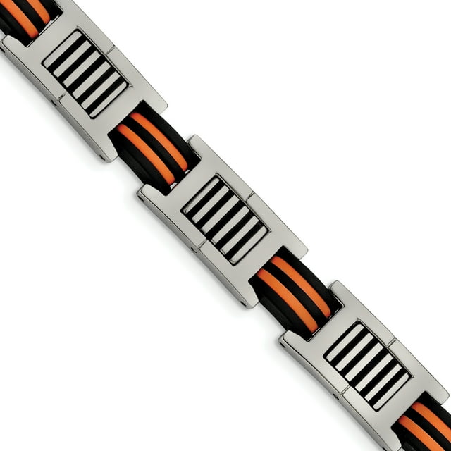 Stainless Steel Orange and Black Rubber Polished Bracelet 8.5in