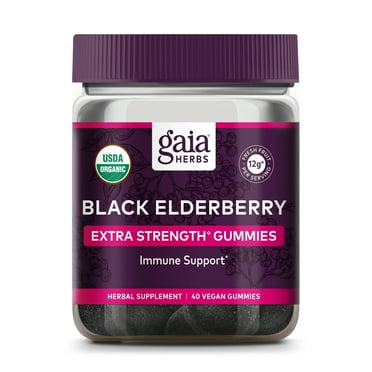 Gaia Herbs Black Elderberry (Sambucus nigra) Extra Strength Gummies - Delicious Immune Support Supplement* - Certified Organic Black Elderberries for Immune System Support* - 40 Gummies (20 Servings)