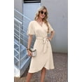 thumbnail image 5 of Women'S Wrap Dress V Neck Short Sleeve Waist Tie Ruffle Split Midi Casual Dress apricot L, 5 of 9