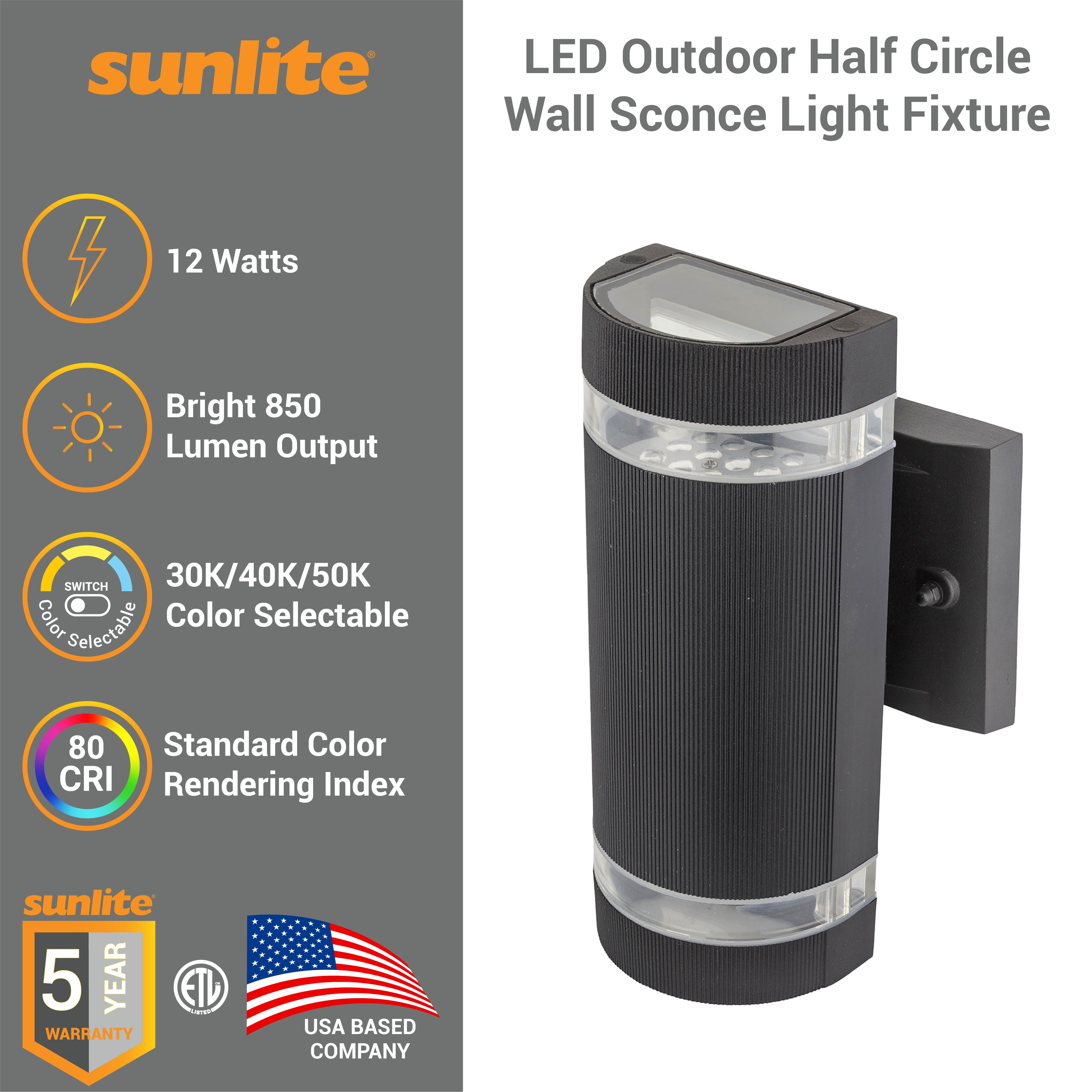 Sunlite LED Outdoor Half Circle Up/Down Outdoor Wall Sconce Light Fixture, 12 Watts, 850 Lumens, Color Selectable 30K/40K/50K, 120-277V, Dimmable, Black, ETL Listed, Residential & Commercial Use