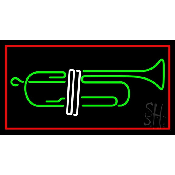 Trumpet Saxophone Red Border LED Neon Sign 20" Tall x 37" Wide - inches Black Square Cut Acrylic Backing, with Dimmer - Premium built indoor Sign for Studio, Club, Décor, Event, Storefront.