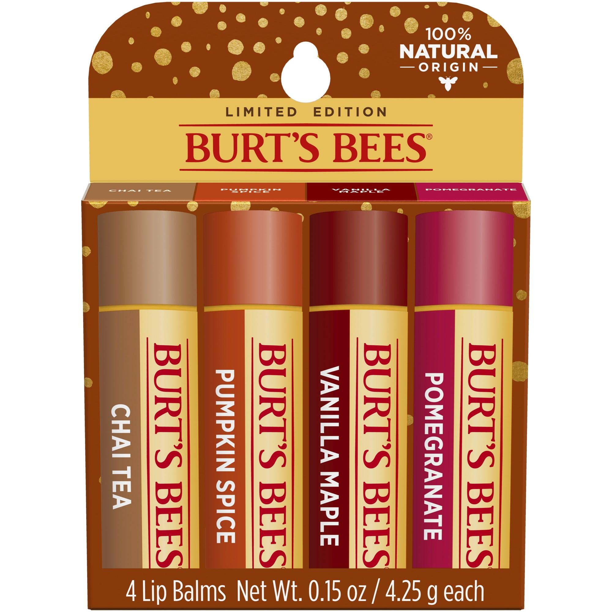 Burt's Bees Lip Balm Holiday Pack, Chai Tea, Pumpkin Spice, Vanilla