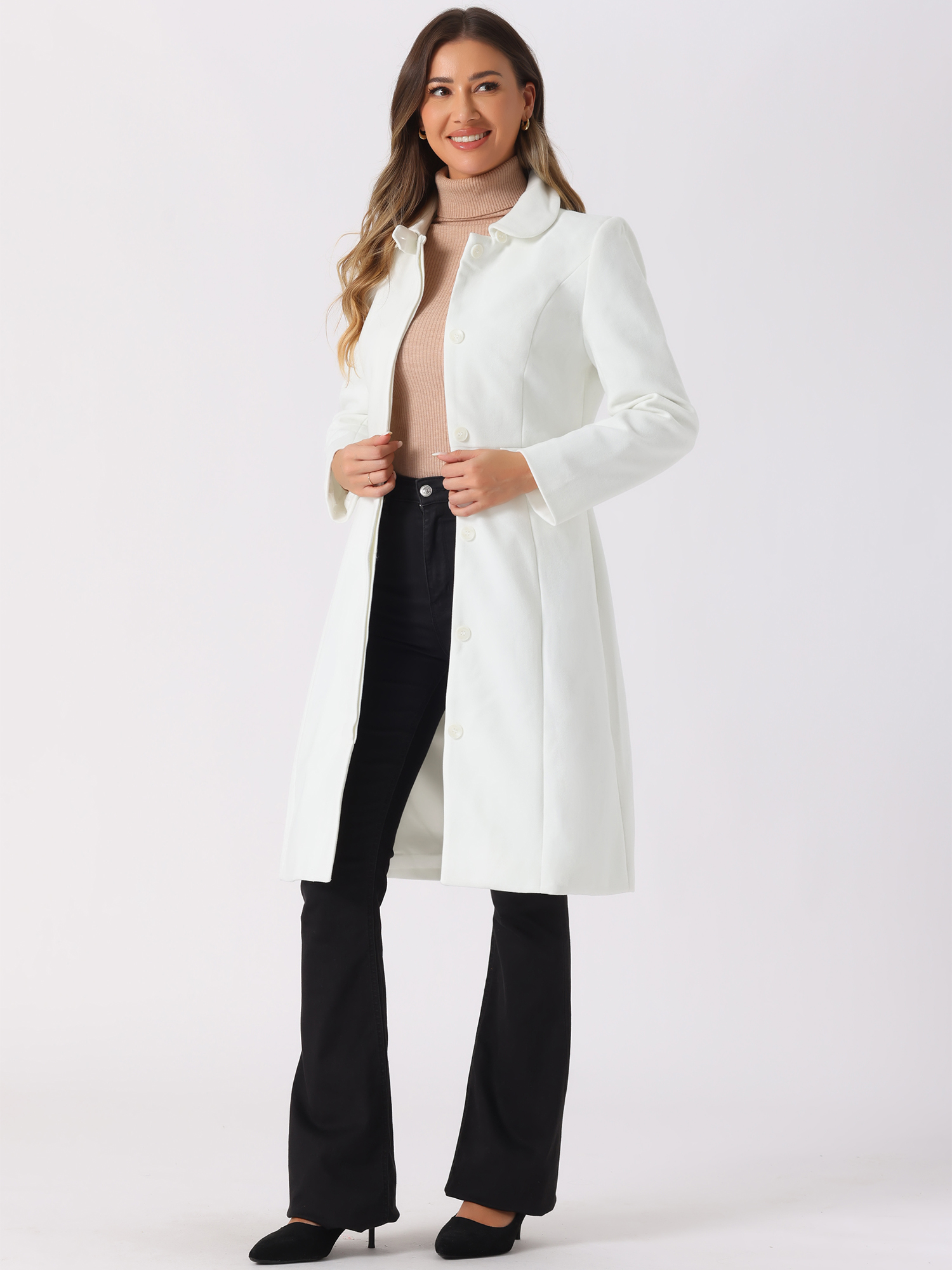 DARING DIVA Women's Winter Trench Peter Pan Collar Single Breasted Long Pea Coat S Cream White