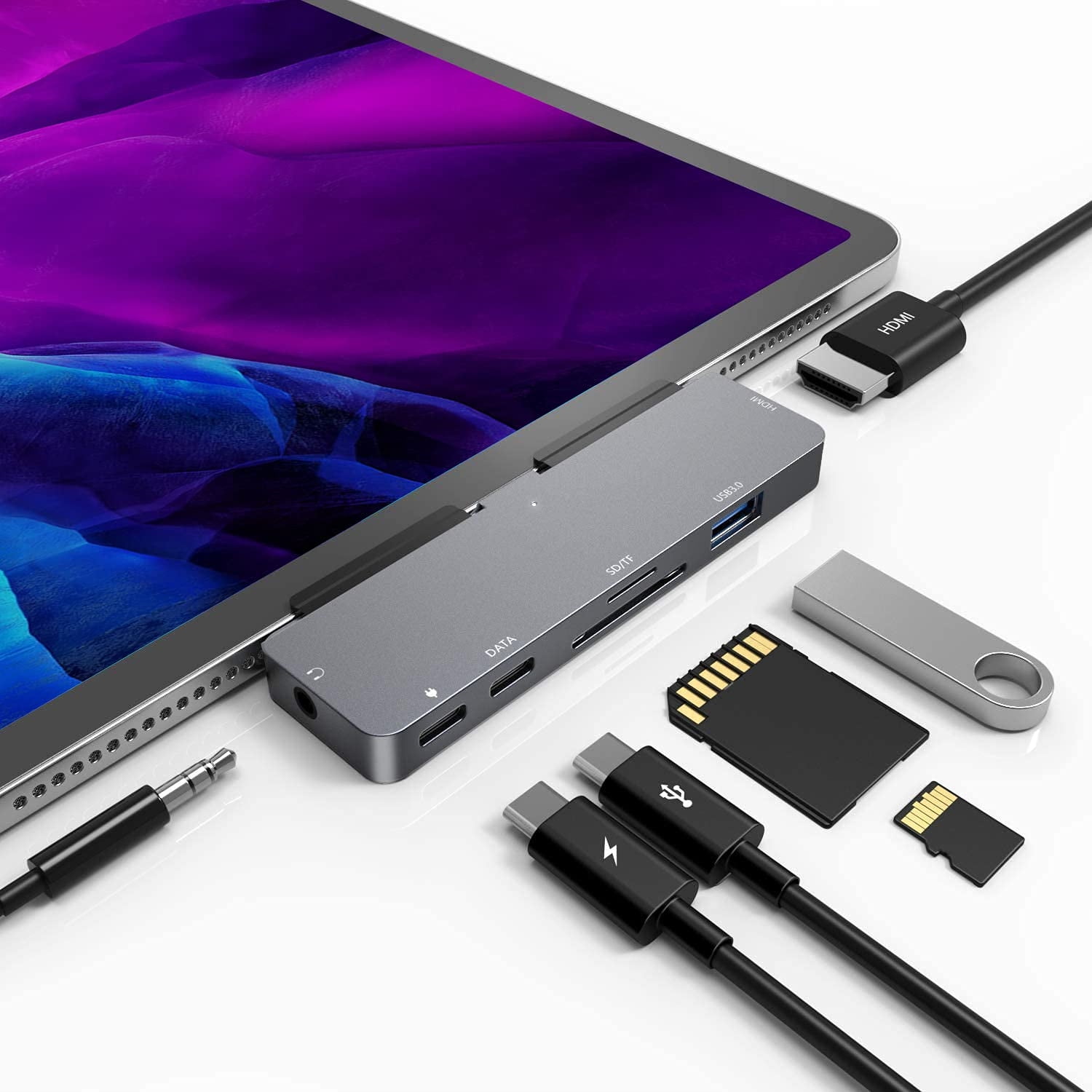 iPad Pro USB C Hub, 7-in-1 Adapter for iPad Pro 2021 2020 2018 12.9 11 iPad Air 4 Docking with 4K HDMI, USB-C Charging, SD/TF Card Reader, USB 3.0,