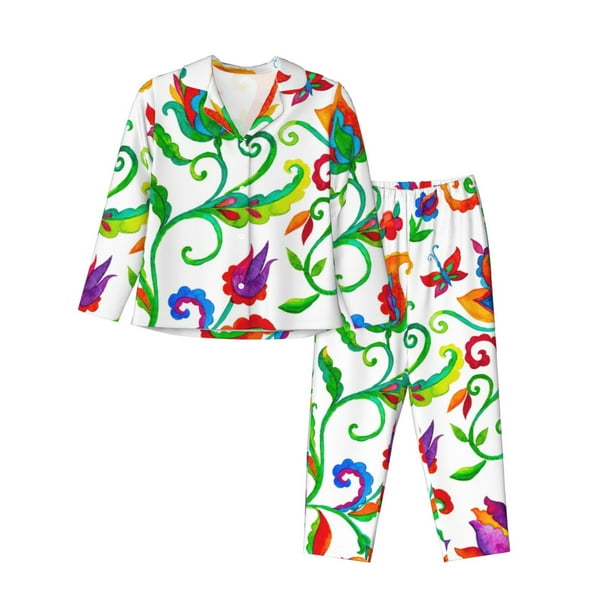 Balery Paisley Conjunto de Pijama con Estampado para Mujer, Conjunto de Dos Piezas con Manga Larga, Ropa de Dormir Suave con Bolsillos, Pijamas Cómodos-Large