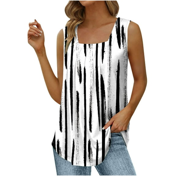 Wycnly Tank Tops for Women Lightweight Loose Pleated Swing Casual Tunic Vest Tops Summer Striped Print Square Neck Sleeveless Shirts Fashion Blouses Black XXL