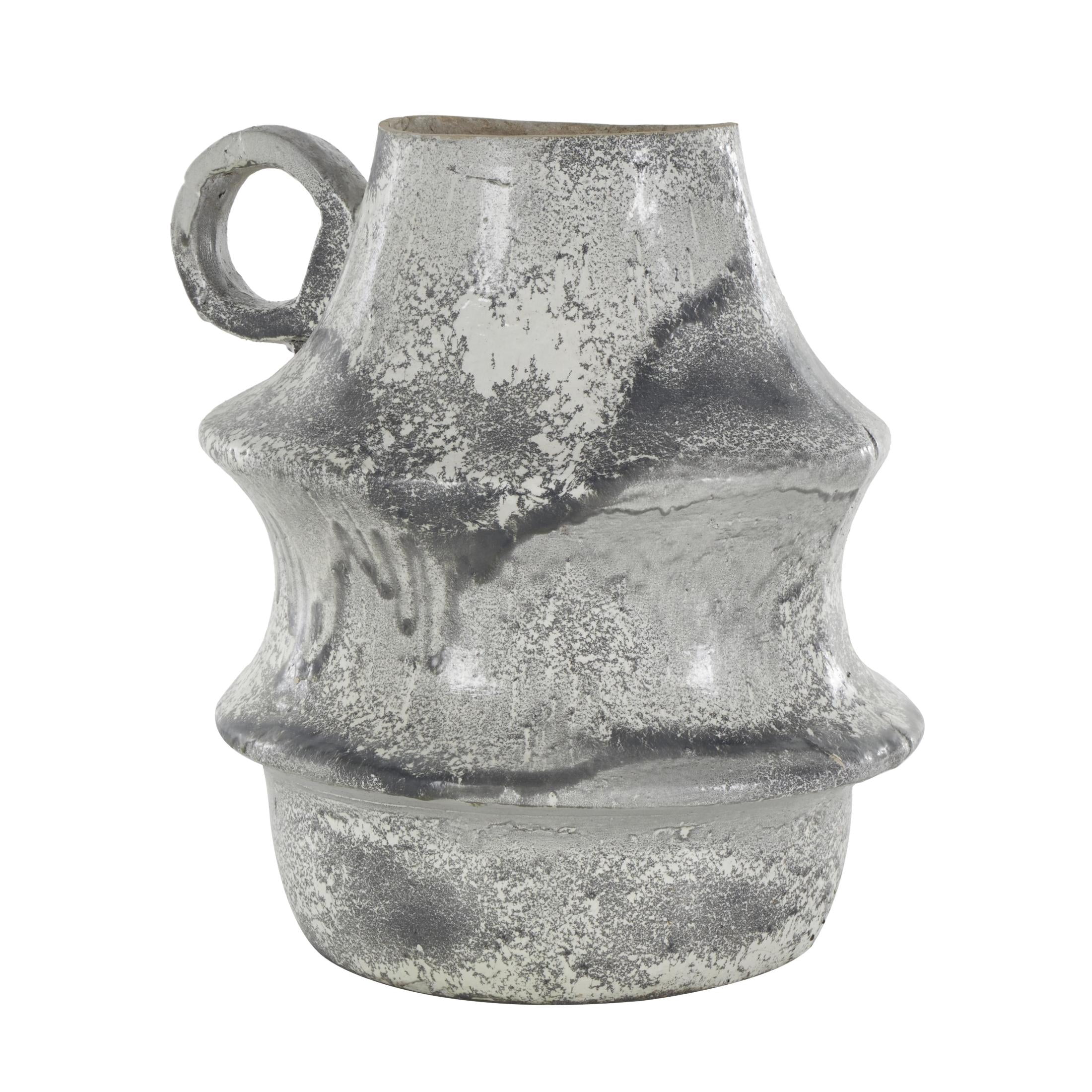 DecMode 15" Distressed Fluted Light Gray Paper Mache Vase with Light Gray Texturing and Ring Handle
