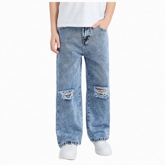 JUMEYU Trendy Jeans for Teens Boys Baggy Jeans Boys Straight Wide Leg Denim Pants Kids Casual Elastic Waist Loose Trousers Size 9-10 (Light Blue,9-10 Years)