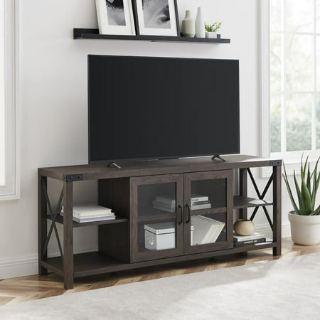 Walker Edison Farmhouse Metal-X Accent Glass Door TV Stand for TVs up to 65” – Sable