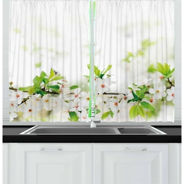 Ambesonne Flower Kitchen Curtains, White Spring Blossoms, 55"x39", White Green