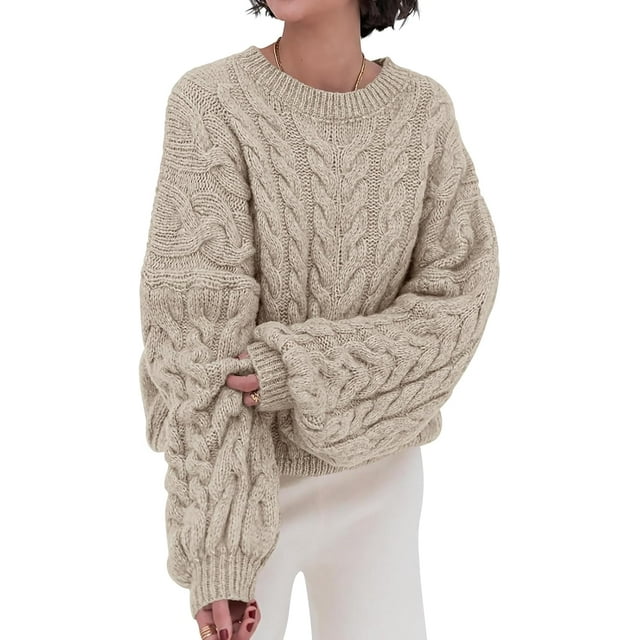 PRETTYGARDEN Womens Sweaters Spring 2025 Cable Knit Long Sleeve Crewneck Oversized Sweater Chunky Pullover Loose Outfits