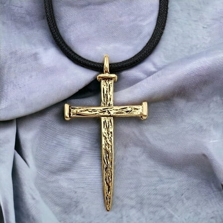 Nail Cross Large Rugged Gold Metal Finish Pendant Black Cord Necklace