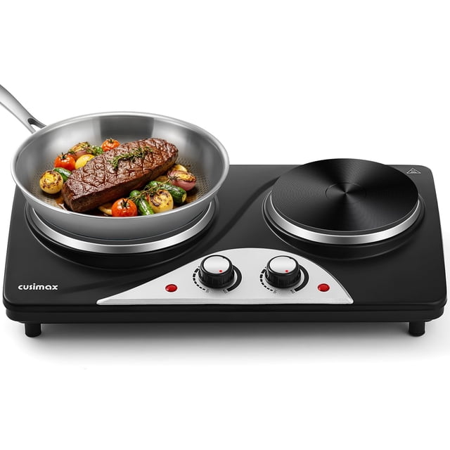 Hot Plate, CUSIMAX Electric Burners for Cooking, 1800W Double Burner, Hot Plates for Countertop Burner, Portable Cast Iron Hot Plates with Dual Adjus