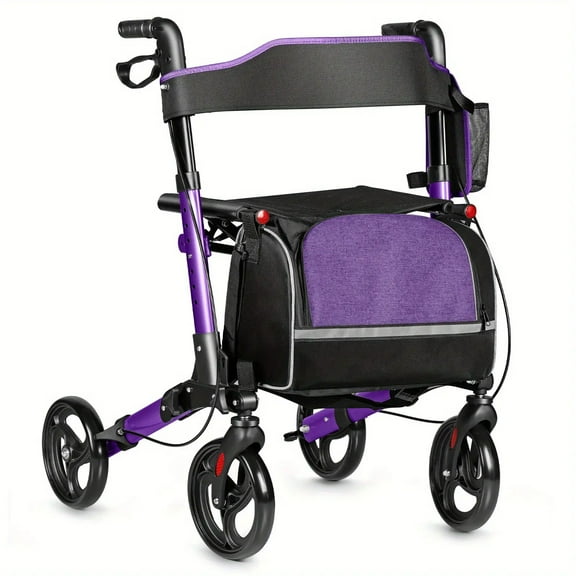 Lightweight Foldable Rollator Walker - 8-Wheel All Terrain Mobility Walker with Seat, Adjustable Handles and Supportive Backrest for Daily Use (Purple)