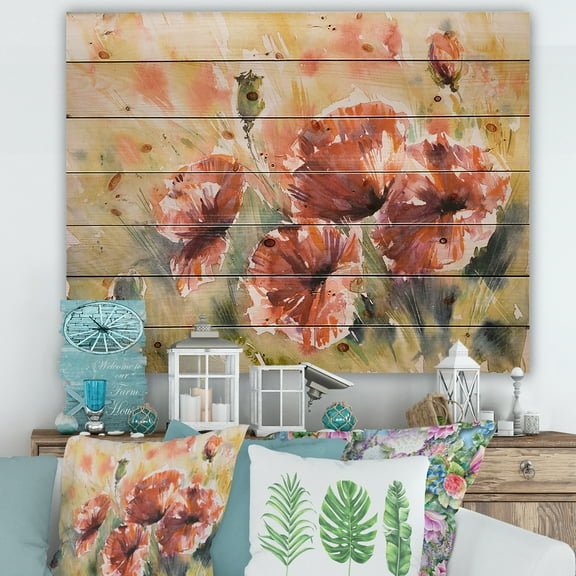 Designart 'Abstract Red Poppy On A Field' Traditional Print on Natural Pine Wood