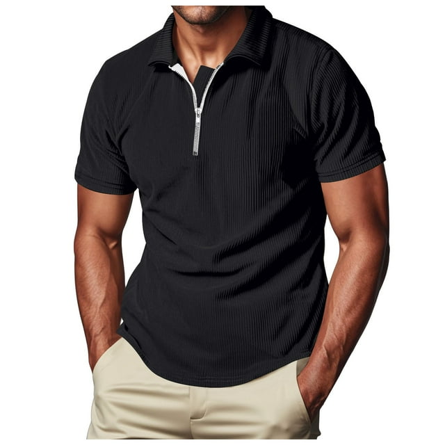 Camisa de verano de pana con media cremallera y solapa para hombre: camiseta informal estampada de poliéster