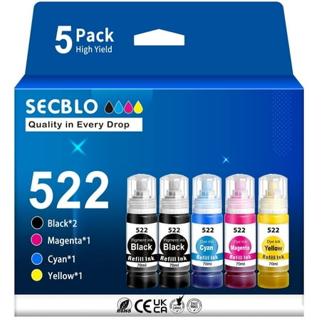 522 Ink Refill Bottle for Epson 522 T522 for EcoTank ET-2720 4700 2800 4800 Printer, 5 Pack