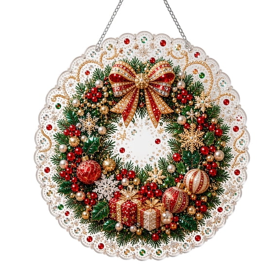 Diamond Art Kits for Adults, Christmas Pearl Diamond Painting Suncatcher, DIY Lace Edge Round Acrylic Hanging Ornament, Festive Christmas Tree & Window Hanging Decor