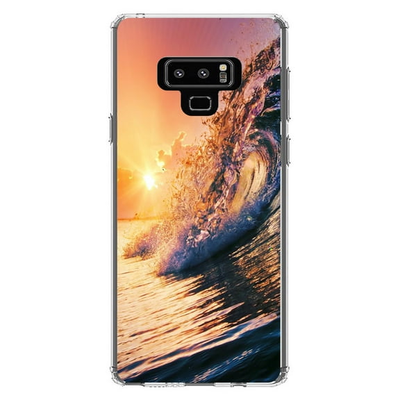 DistinctInk Clear Shockproof Hybrid Case for Samsung Galaxy Note 9 - TPU Bumper, Acrylic Back, Tempered Glass Screen Protector - Ocean Wave Sunset