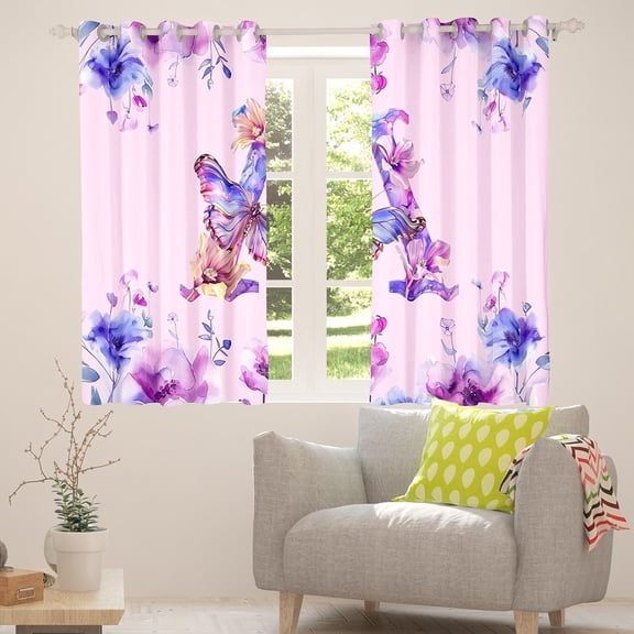 Manfei Letter A Monogrammed Blackout Curtains,Watercolor Rustic Flowers Curtains Pack of 2 (38x45 Each),Cute Butterflies Window Curtains For Girls,Microfiber Room Decorative