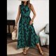 thumbnail image 5 of Vestido Maxi Floral de Verano para Mujer, Cuello Abotonado, Cintura Anudada, Volantes Escalonados, Sin Mangas, Estilo Bohemio, Verde L, 5 of 9