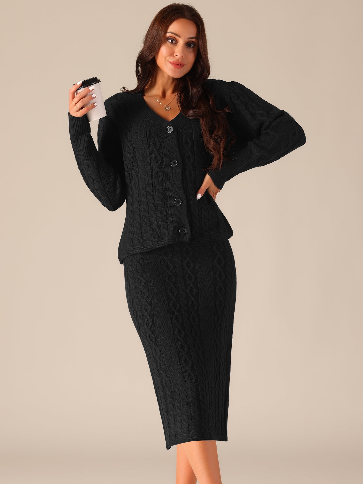 DARING DIVA Women's Sweater Set V Neck Cardigan and Midi Skirt Outfit S Black
